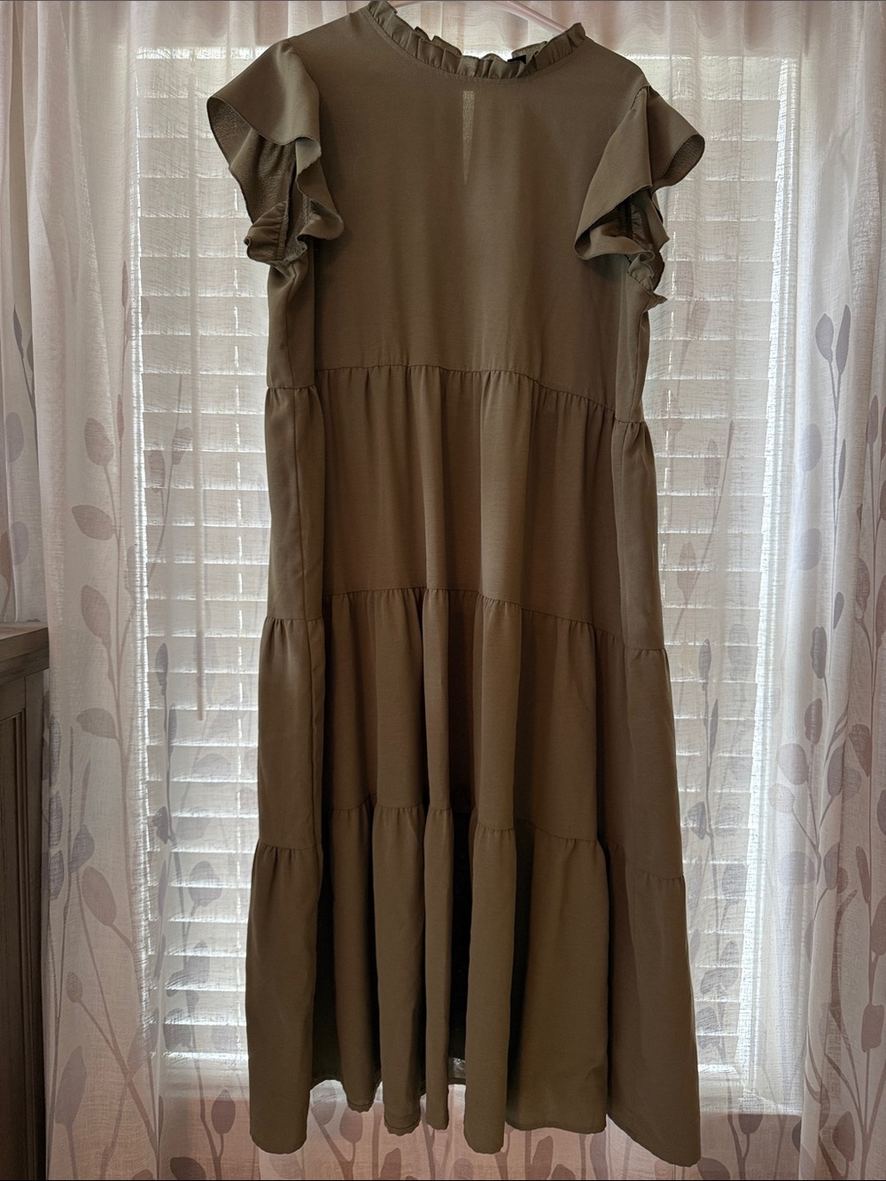 SHEIN Olive  Ruffle Sleeve Tiered Maxi Dress